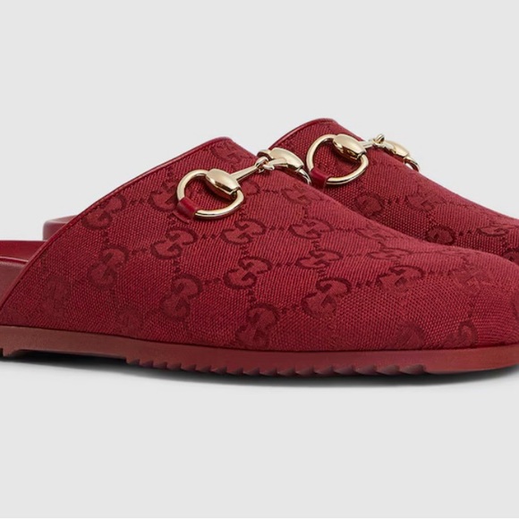 Gucci "Sol" monogram cotton canvas mules with golden bit strap /color burgundy - Picture 3 of 15